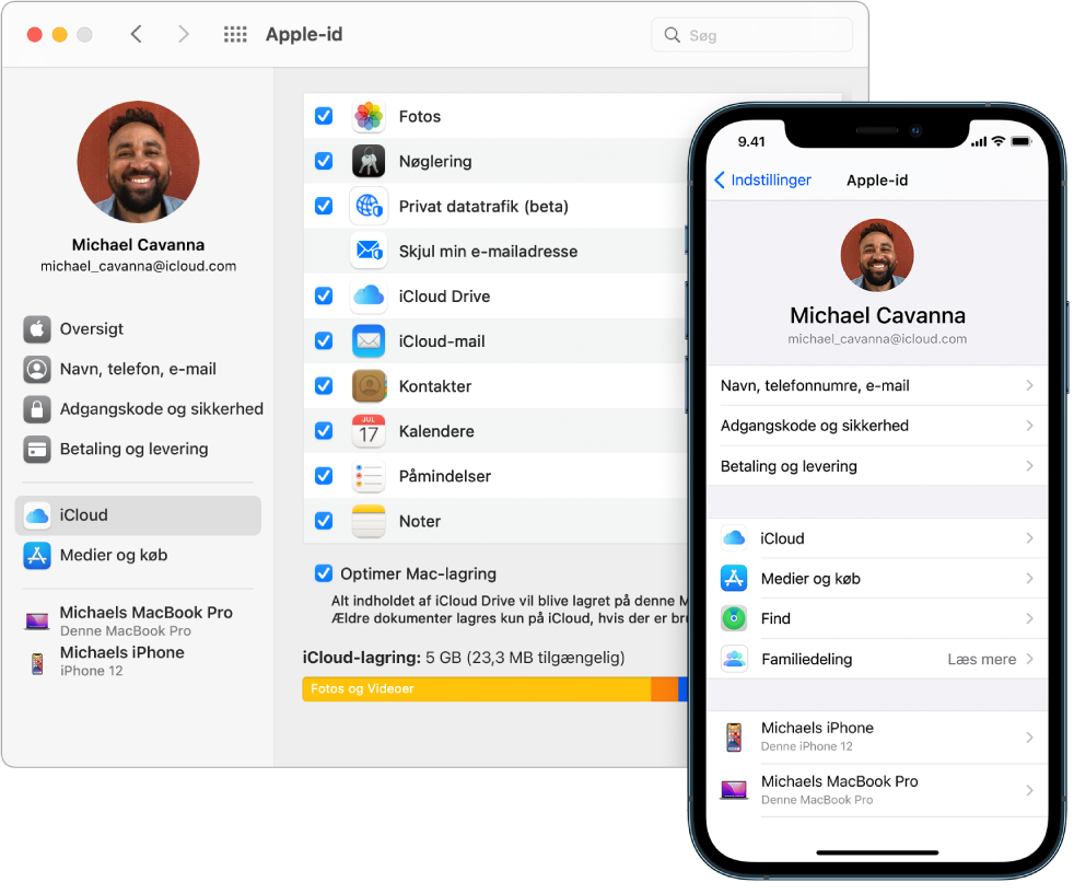 iCloud-indstillinger på en iPhone og vinduet iCloud på Mac.