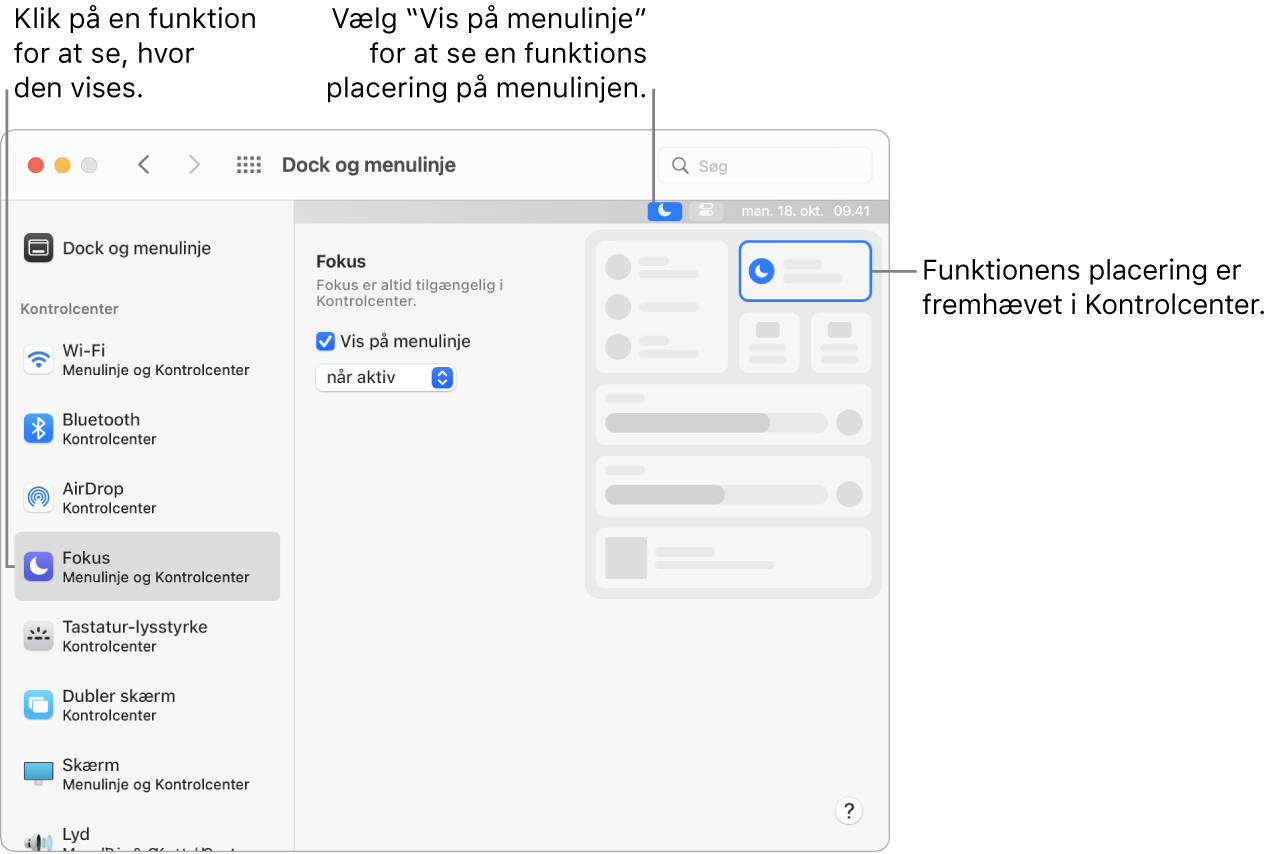 Indstillingsvinduet Dock og menulinje med billedforklaringer til Fokus og de valgfrie indstillinger og resultater til funktionen.