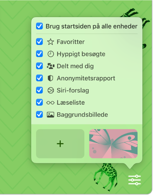 Lokalmenuen Indstil Safari med afkrydsningsfelter til Favoritter, Hyppigt besøgte, Anonymitetsrapport, Siri-forslag, Læseliste og Baggrundsbillede.