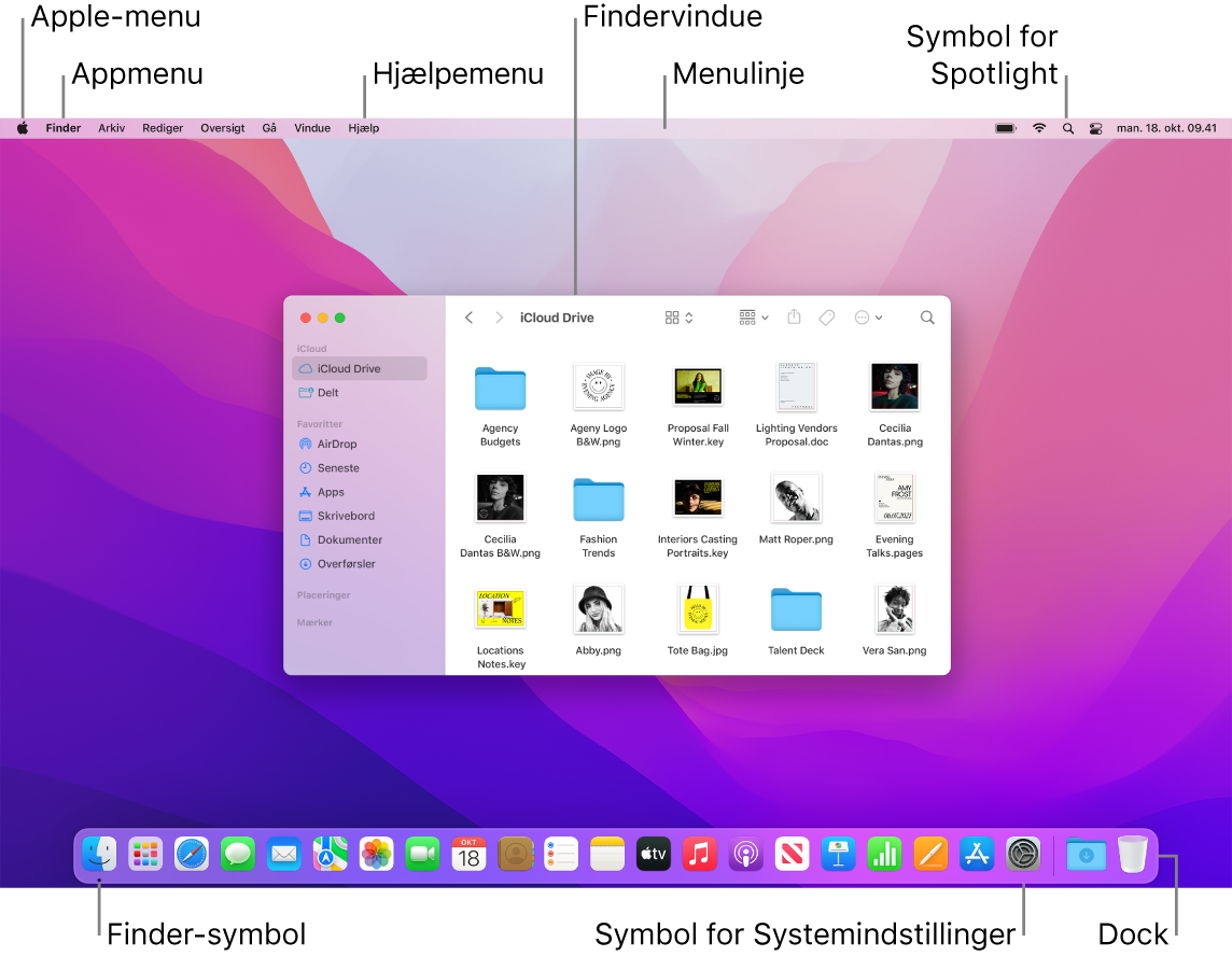 En Mac-skærm med Apple-menuen, appmenuen, Hjælpemenuen, et Findervindue, menulinjen, symbolet for Spotlight, symbolet for Finder, symbolet for Systemindstillinger og Dock.