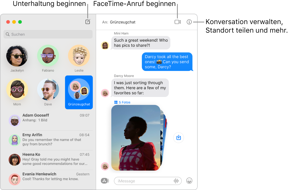 Ein Nachrichten-Fenster, indem gezeigt wird, wie eine Konversation oder ein FaceTime-Anruf gestartet wird.