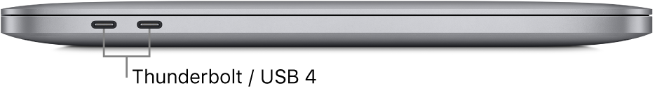 Ansicht der linken Seite des MacBook Pro mit Beschriftungen der Thunderbolt-/USB 4-Anschlüsse.