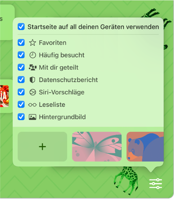 Das Einblendmenü „Safari anpassen“ mit Markierungsfeldern für „Favoriten“, „Häufig besucht“, „Datenschutzbericht“, „Siri-Vorschläge“, „Leseliste“ und „Hintergrundbild“.