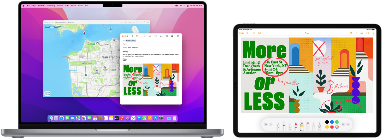 Ein MacBook Pro und ein iPad werden nebeneinander angezeigt. Auf dem iPad-Bildschirm ist ein Flyer mit Markierungen zu sehen. Auf dem Bildschirm, der vom MacBook Pro verwendet wird, ist eine Mail-Nachricht mit dem markierten Flyer auf dem iPad als Anhang zu sehen.