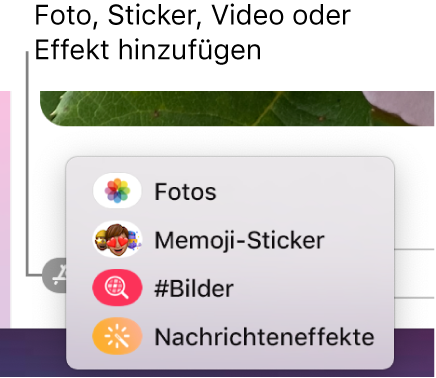 Das Menü „Apps“ mit Optionen um Anzeigen von Fotos, Memoji-Stickern, GIFs und Nachrichteneffekten.