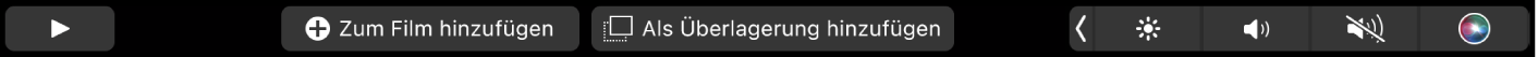 Die iMovie-Touch Bar mit Tasten zum Wiedergeben, zum Hinzufügen zum Film sowie zum Hinzufügen als Überlagerung.