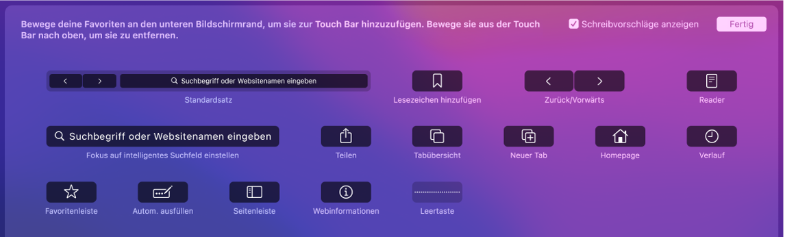 Die Optionen zum Anpassen von Safari, die in die Touch Bar bewegt werden können.