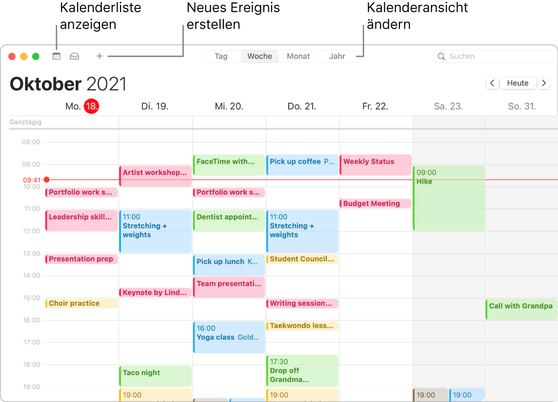 Ein Kalender-Fenster mit der Kalenderliste und Informationen zum Erstellen eines Ereignisses und zum Auswählen einer Darstellung in Tagen, Monaten oder Jahren