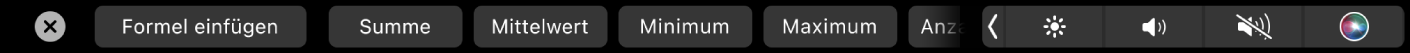 Die Numbers-Touch Bar mit angezeigten Tasten für Formeln Dazu gehören „Summe“, „Durchschnitt“, „Minimum“ und „Maximum“.