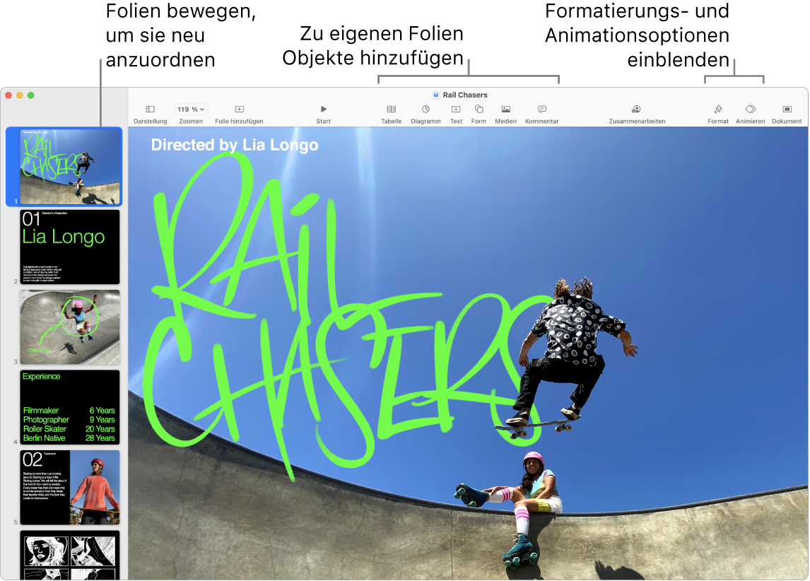 Ein Keynote-Fenster mit dem Foliennavigator links und Informationen zum Neuanordnen von Folien, der Symbolleiste und den Bearbeitungswerkzeugen oben, der Taste „Zusammenarbeiten“ oben rechts und den Tasten „Format“ und „Animieren“ rechts.
