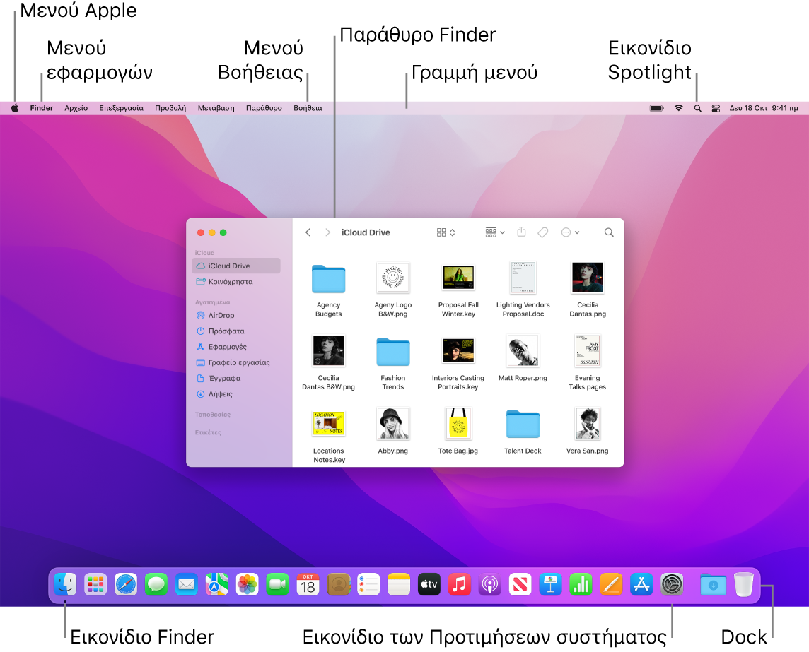 Μια οθόνη Mac όπου φαίνεται το μενού Apple, το μενού Εφαρμογής, το μενού «Βοήθεια», ένα παράθυρο του Finder, το εικονίδιο του Spotlight, το εικονίδιο του Finder, το εικονίδιο των Προτιμήσεων συστήματος, και το Dock.