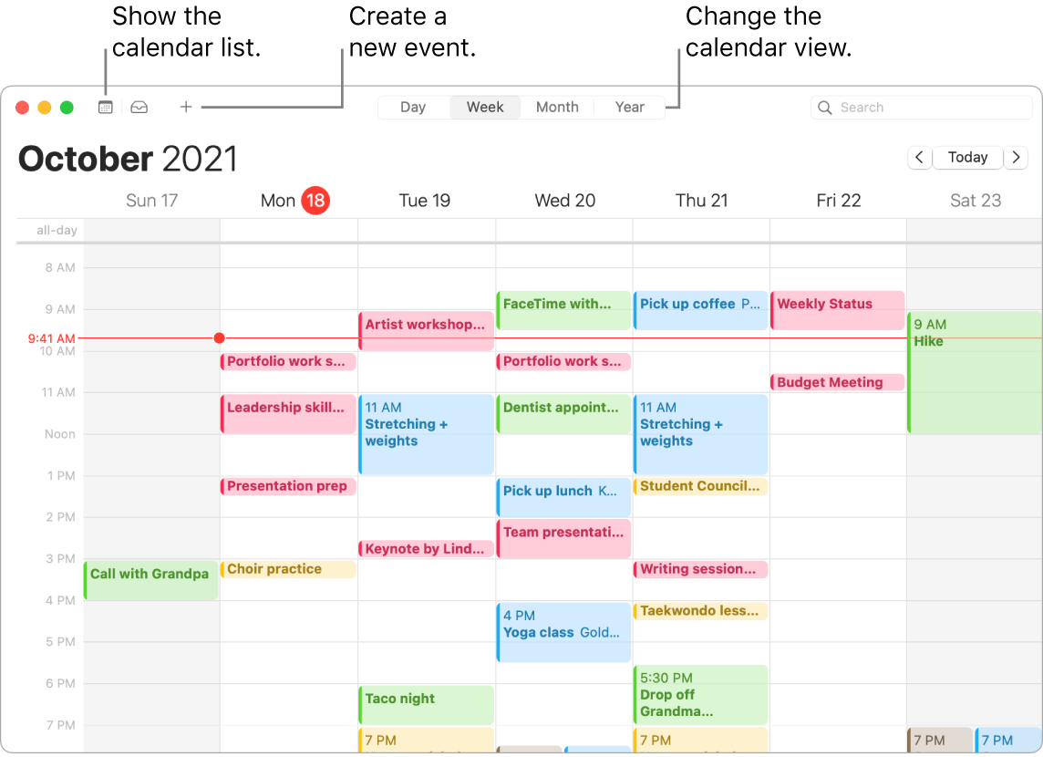 A Calendar window showing the calendar list, how to create an event, and how to choose Day, Week, Month, or Year view.