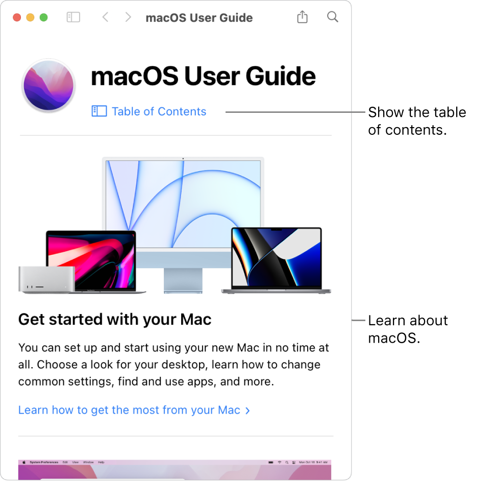 The macOS User Guide welcome page showing the Table of Contents link.