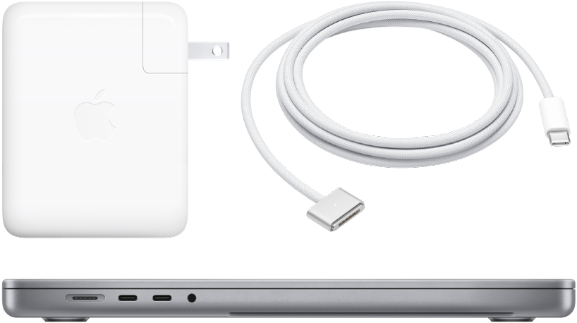 Side view of 16-inch MacBook Pro with accompanying accessories.