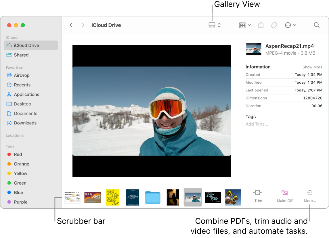 An open Finder window in Gallery View, showing a large photo with a row of smaller photos—the scrubber bar—under it. Controls for rotating, marking up, and more are to the right of the scrubber bar.