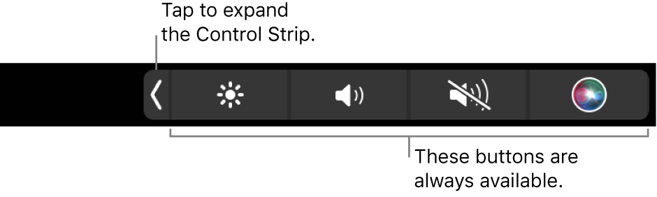 A partial screen of the default Touch Bar, showing the collapsed Control Strip. Tap the expand button to show the full Control Strip.