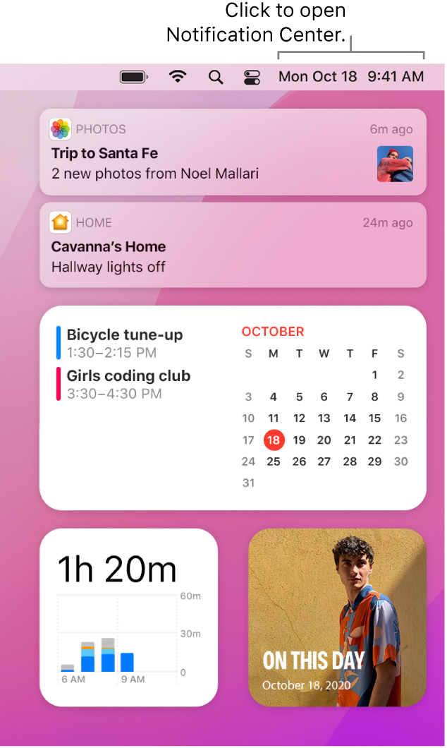 Notification Center with notifications and widgets for Photos, Home, Calendar, and ScreenTime.