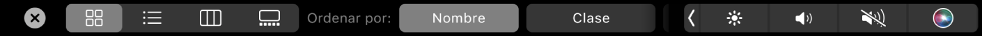 Touch Bar del Finder mostrando opciones de visualización y ordenado.
