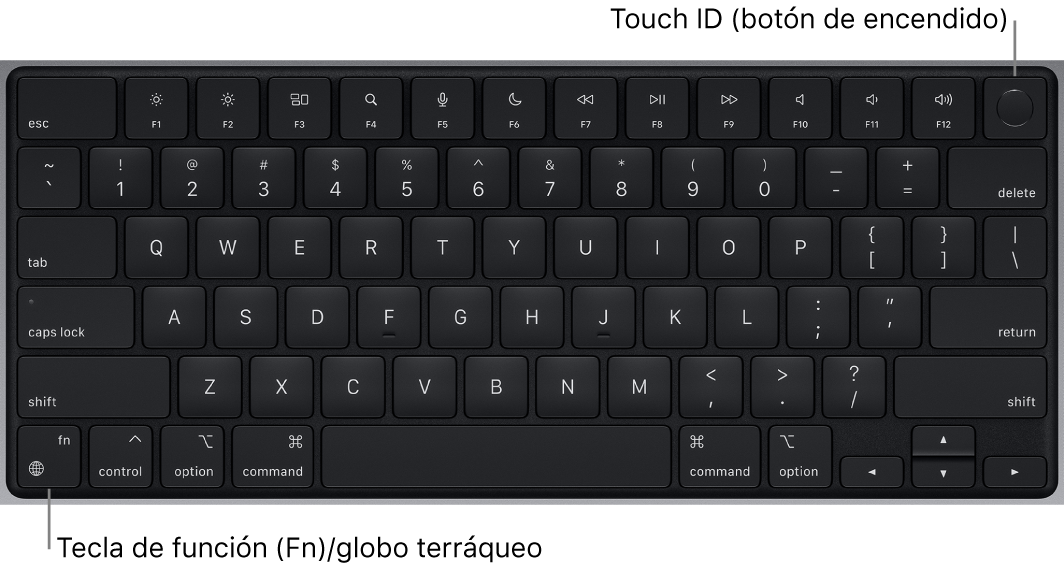 El teclado de la MacBook Pro mostrando la fila de teclas de función y el botón de encendido con Touch ID en la parte superior y la tecla de función Fn/Globo terráqueo en la esquina inferior izquierda.