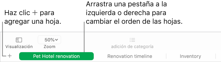 Ventana de Numbers mostrando cómo agregar una hoja nueva y cómo cambiar el orden de las hojas.