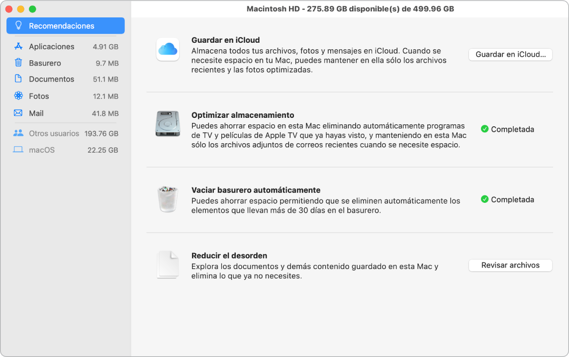 Las preferencias de Recomendaciones del almacenamiento mostrando las opciones "Guardar en iCloud", "Optimizar almacenamiento", "Vaciar Basurero automáticamente" y "Reducir el desorden".