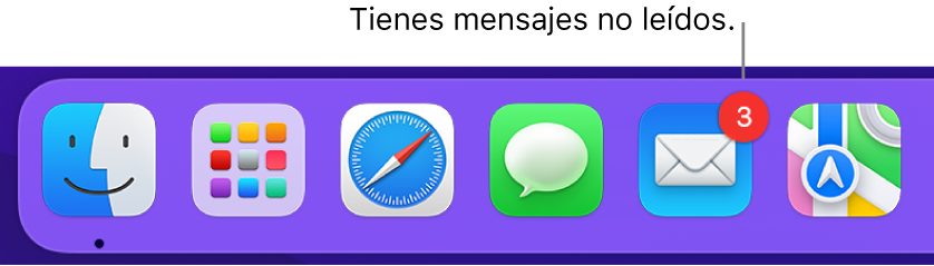 Una parte del Dock mostrando el ícono de la app Mail con un indicador que muestra la cantidad de mensajes no leídos.
