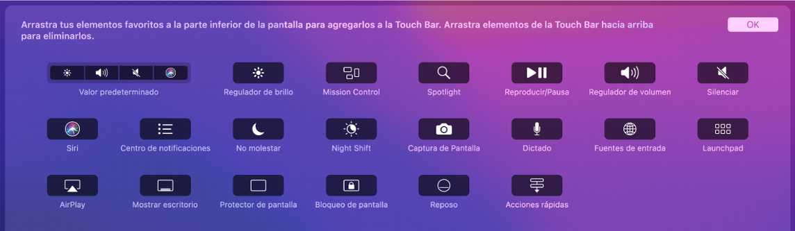 Los elementos que puedes personalizar en la Control Strip con sólo arrastrarlos hacia la Touch Bar.