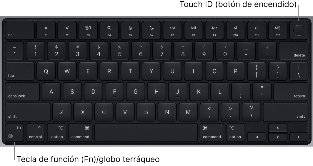 El teclado de un MacBook Pro que muestra la fila de teclas de función y el botón de encendido Touch ID en la parte superior, y la tecla de función (Fn)/la tecla del globo terráqueo en la esquina inferior izquierda.