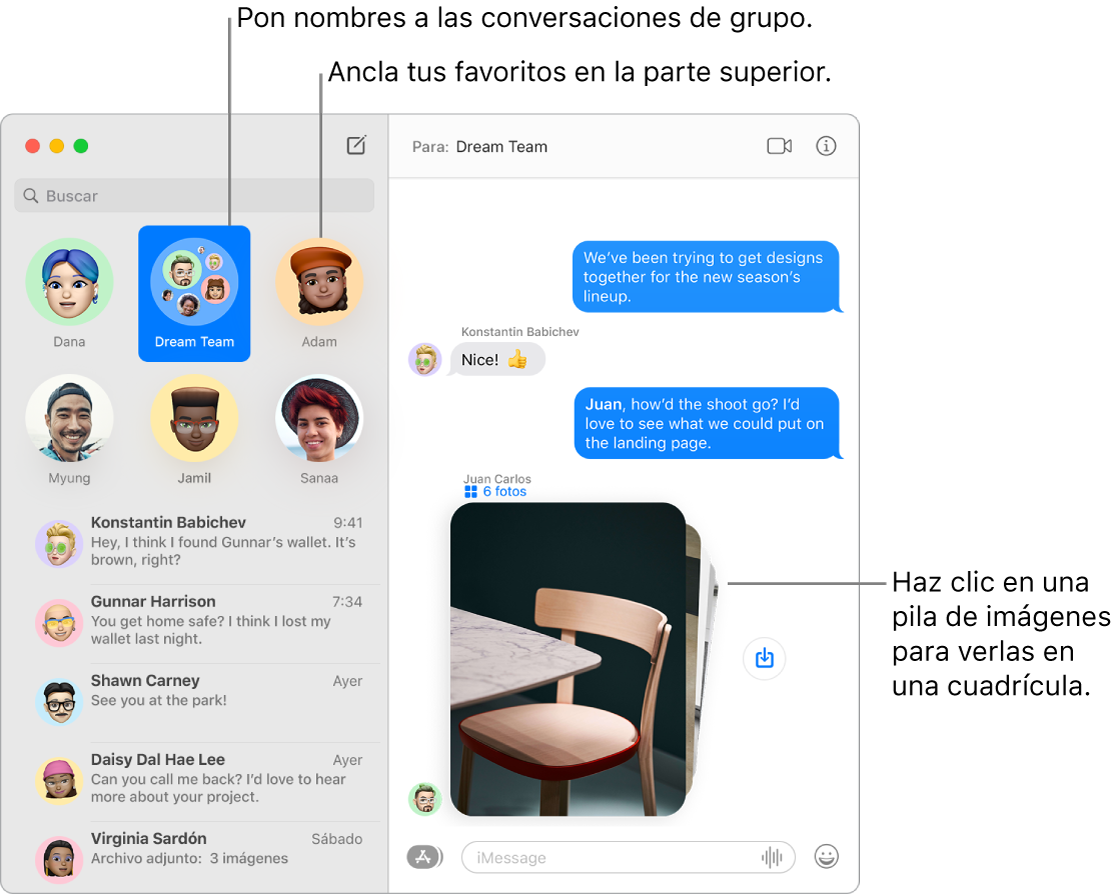Una ventana de Mensajes con un chat de grupo y varios chats individuales fijados en la parte superior de la columna izquierda. En el chat de la derecha hay una pila de seis fotos con un botón “Guardar foto” al lado.