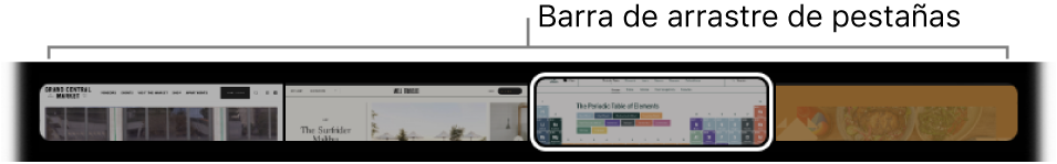 La barra de arrastre de pestañas de la Touch Bar de Safari. Muestra una pequeña previsualización de cada pestaña abierta.