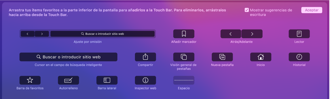 Las opciones de "Personalizar Safari" que se pueden arrastrar a la Touch Bar.