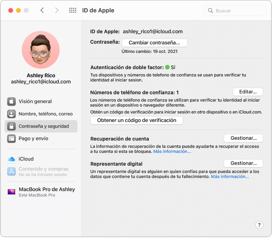 La sección “Contraseña y seguridad” de ID de Apple en Preferencias del Sistema. Haz clic en Gestionar para configurar “Recuperación de cuenta”.