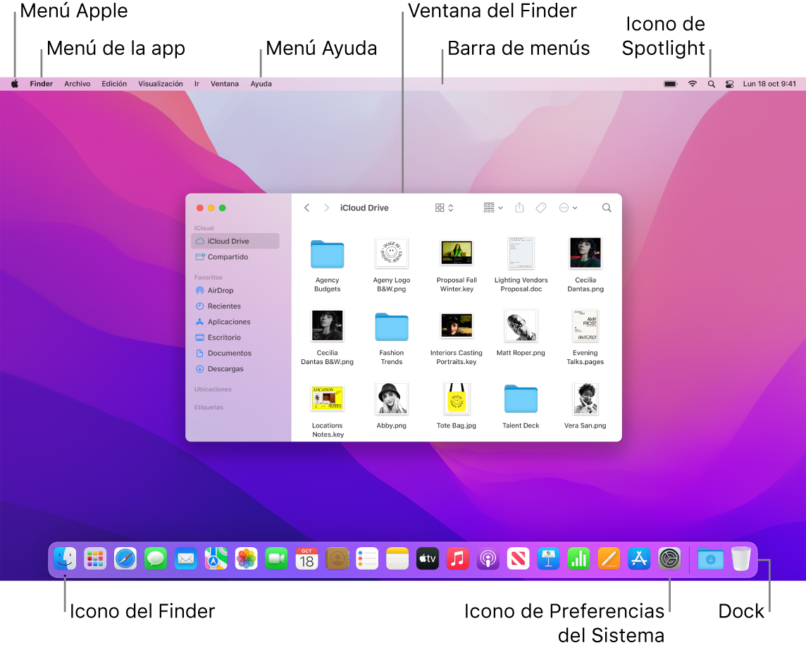 La pantalla de un Mac en la que se muestra el menú Apple, el menú Ayuda, una ventana del Finder, la barra de menús, el icono de Spotlight, el icono del Finder, el icono de Preferencias del Sistema y el Dock.