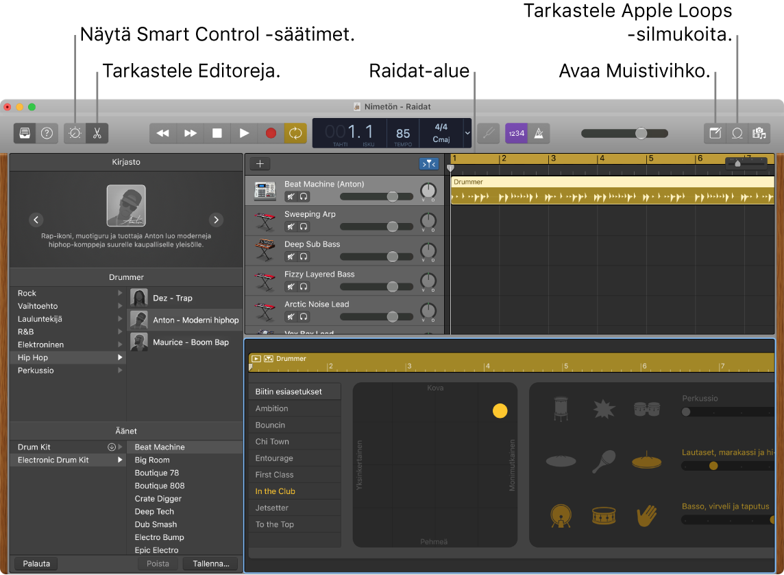 GarageBand-ikkuna, jossa näkyy painikkeet Älykkäiden säätimien, Editorien, Muistiinpanojen ja Apple Loops -silmukoiden käyttämistä varten. Siinä näkyy myös raitojen näyttö.