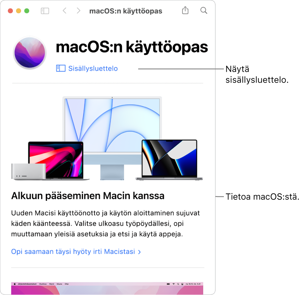 macOS:n käyttöoppaan tervetuloa-sivu, jossa näkyy Sisällysluettelo-linkki.