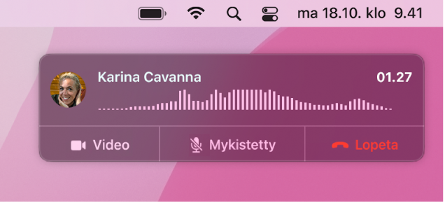 Macin näytön osa, jossa näkyy puheluiden ilmoitusikkuna.