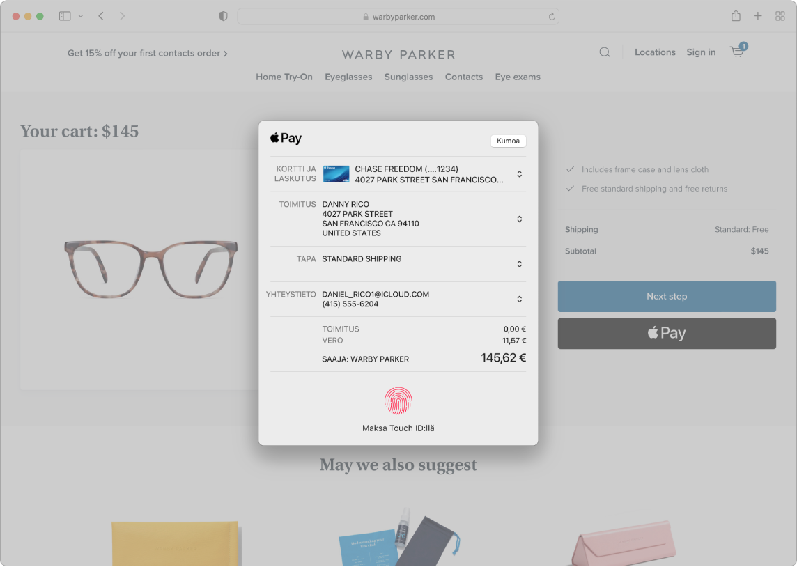 Macin näyttö verkko-ostoprosessista Apple Pay -vaihtoehdolla Safarissa.