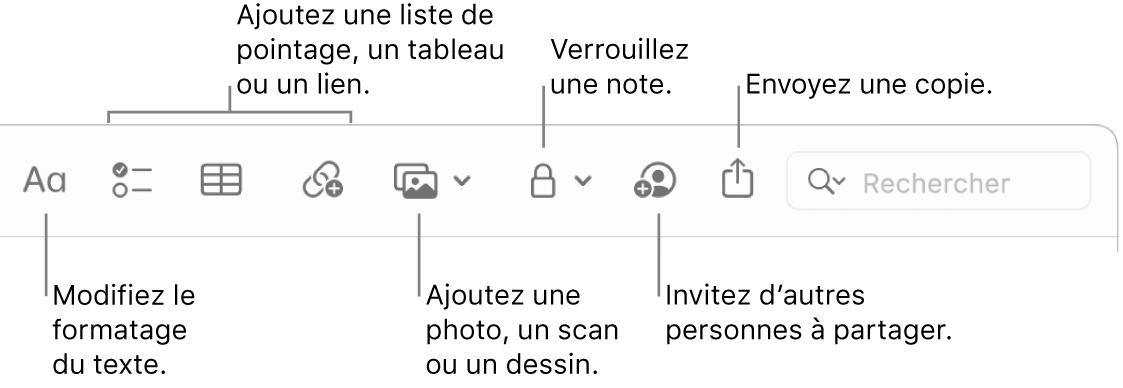 La barre d’outils de Notes avec des légendes pour les outils de format de texte, de liste de pointage, de tableau, de lien, de photos/contenu multimédia, de verrouillage, de partage et d’envoi d’une copie.