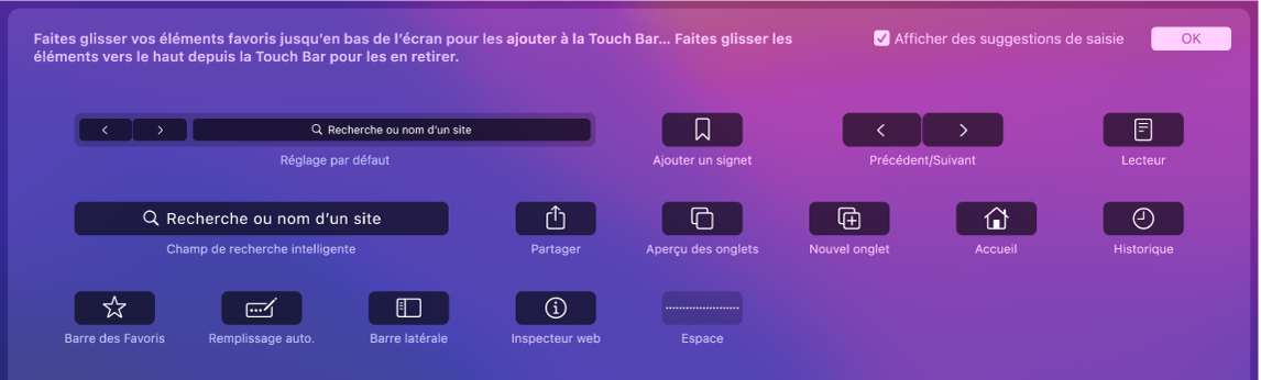 Options Personnaliser Safari pouvant être glissées dans la Touch Bar.