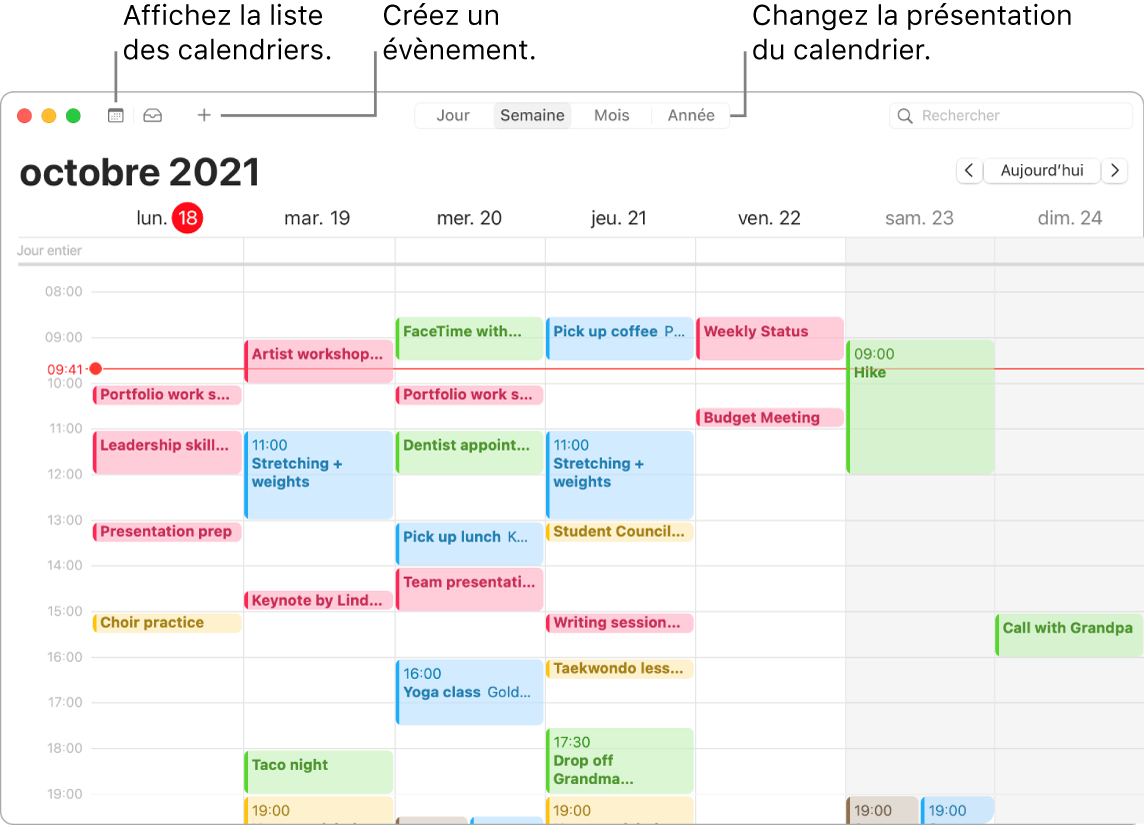 Une fenêtre de Calendrier affichant la liste des calendriers et indiquant comment créer un évènement et choisir une présentation par jour, par semaine, par mois ou par année.