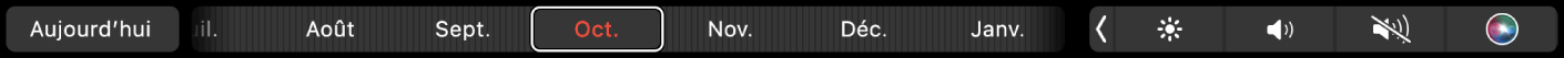 Touch Bar de Calendrier avec le bouton Aujourd’hui et un curseur pour sélectionner un mois.