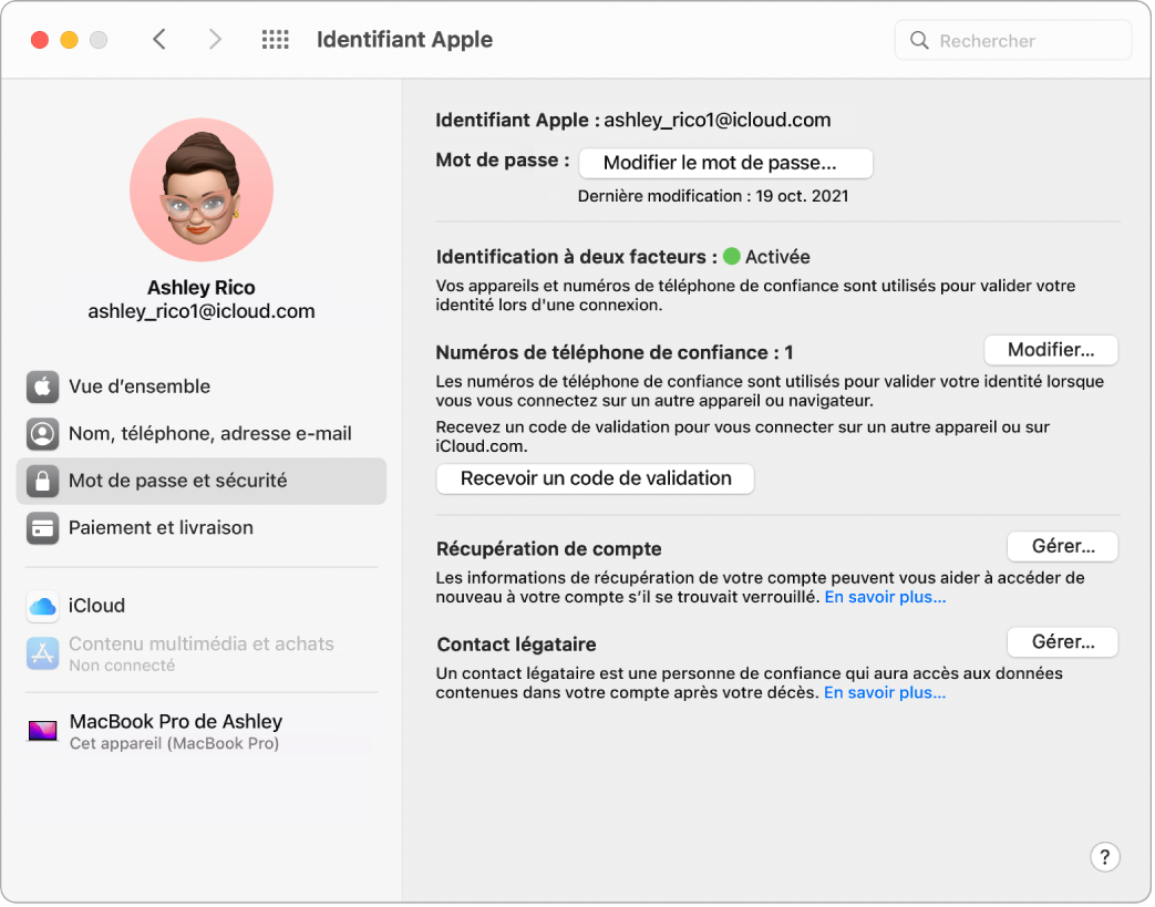 La section « Mot de passe et sécurité » de l’identifiant Apple dans Préférences Système. Cliquez sur Gérer pour configurer la récupération de compte.