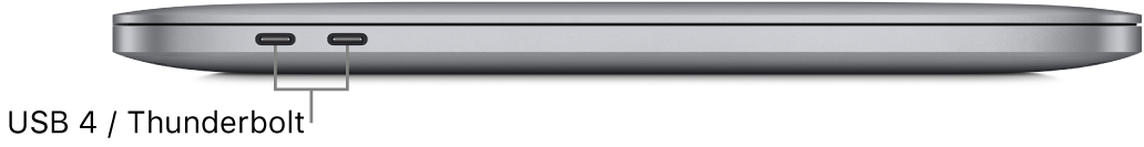 מבט מצד שמאל על MacBook Pro עם סימון של יציאות Thunderbolt / ‏USB 4.