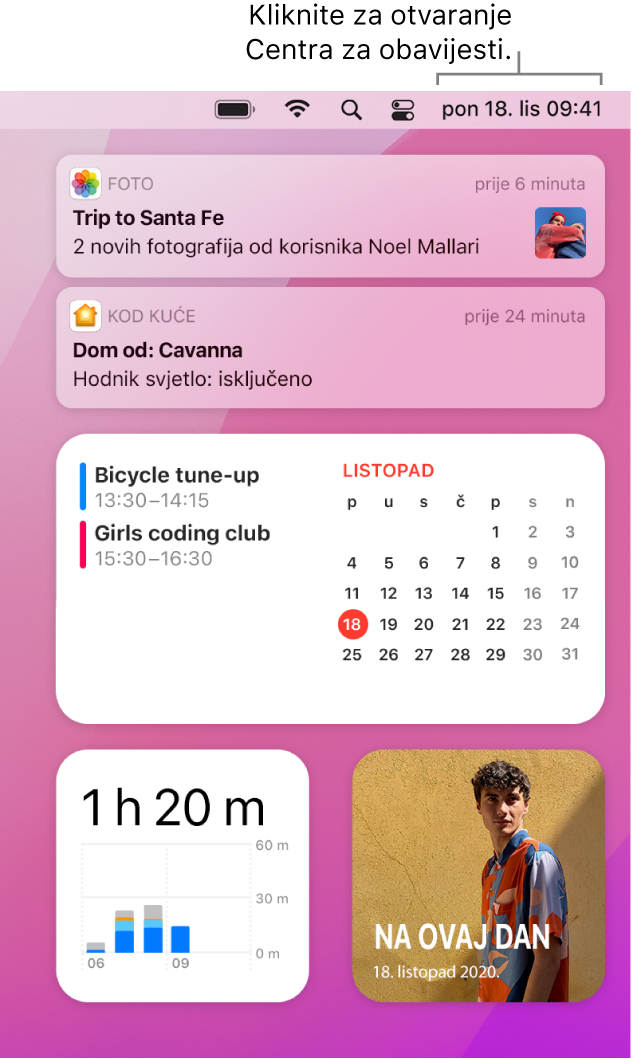 Centar za obavijesti s obavijestima i widgetima za Foto, Dom, Kalendar i Vrijeme uporabe zaslona.