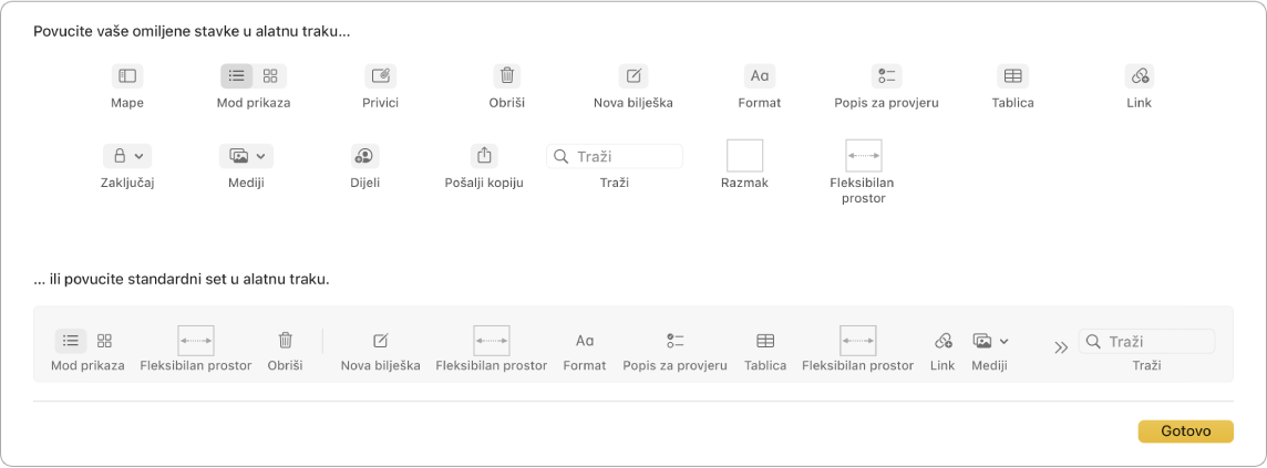 Prozor aplikacije Bilješke koji prikazuje opcije prilagođavanja alatne trake koje su dostupne.