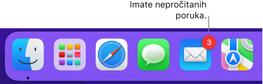 Odjeljak Docka koji prikazuje ikonu aplikacije Mail s oznakom koja upućuje na nepročitane poruke.