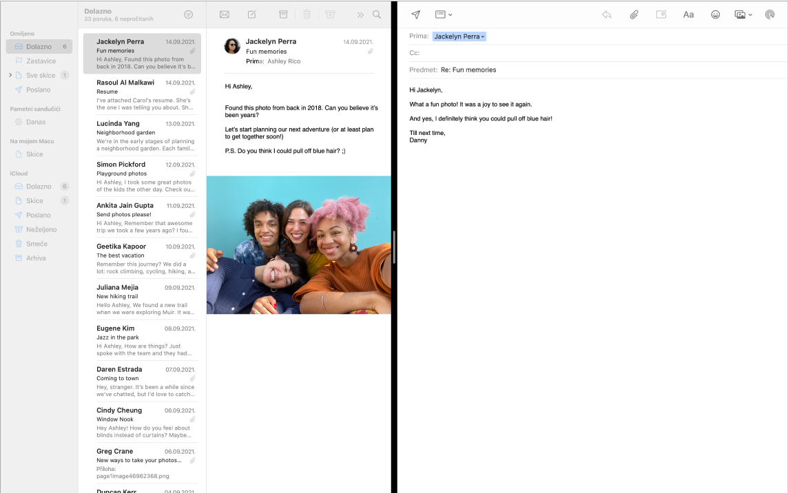 Prozor aplikacije Mail u razdvojenom zaslonu prikazuje dvije poruke jednu pored druge.