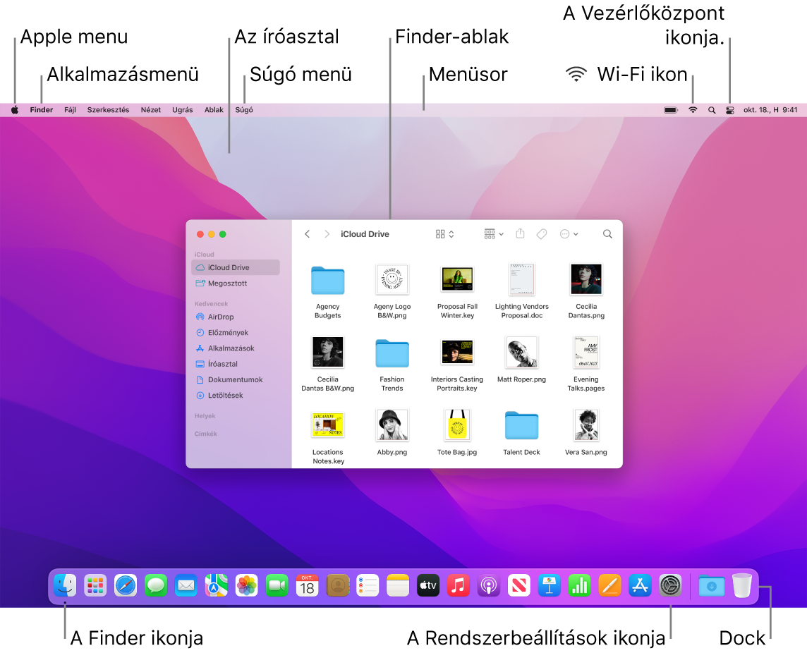 A Mac gép képernyője az Apple menüvel, az Alkalmazásmenüvel, az íróasztallal, a Súgó menüvel, a Finder ablakával, a menüsorral, a Wi-Fi ikonjával, a Siri ikonjával, a Finder ikonjával, a Rendszerbeállítások ikonjával és a Dockkal.