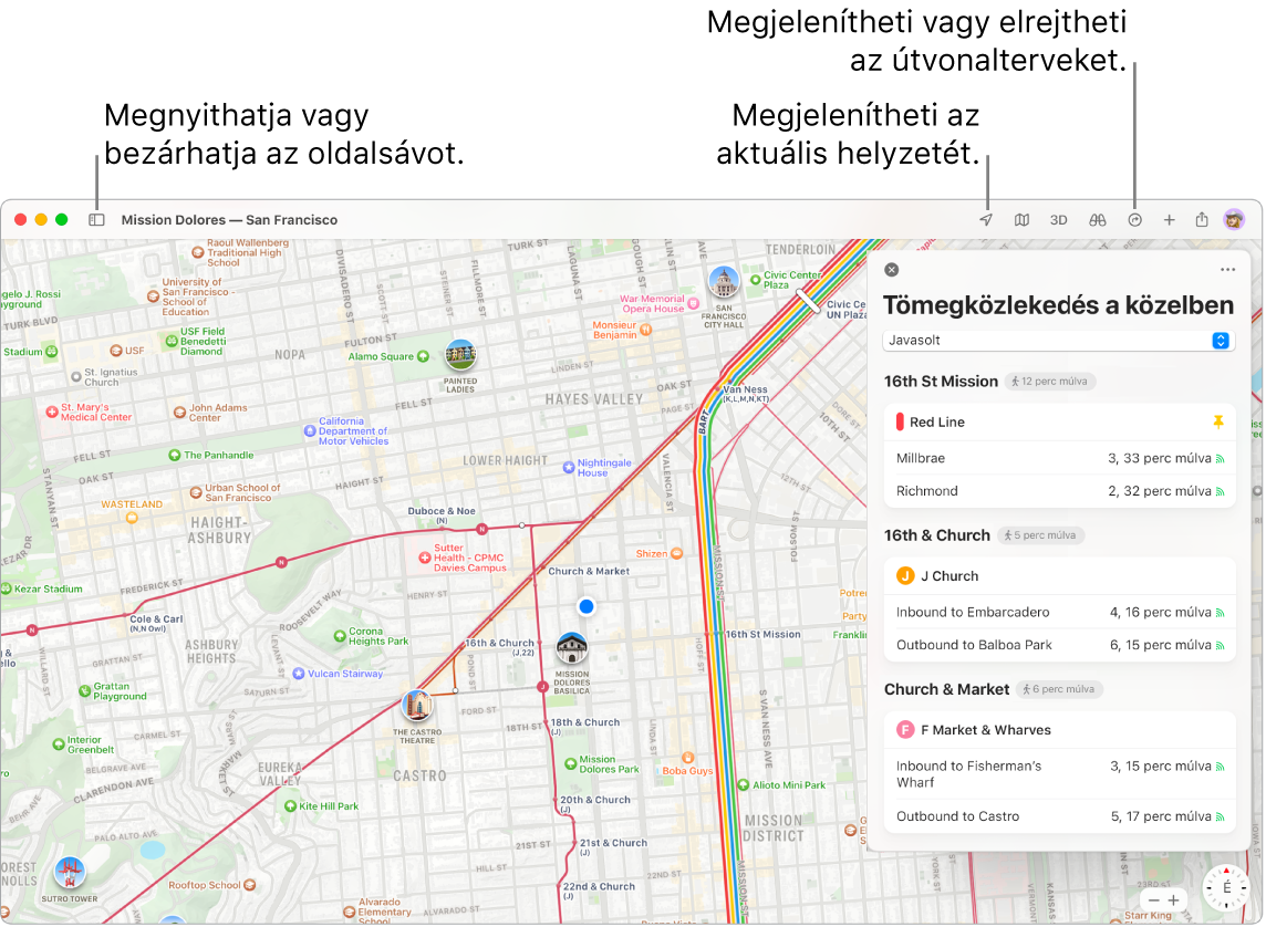 A Térképek ablaka, amely megmutatja, hogyan lehet útvonalterveket beszerezni az oldalsávon található célokra kattintva, hogyan lehet megnyitni vagy becsukni az oldalsávot, valamint hogyan lehet megtalálni az aktuális helyzetet a térképen.