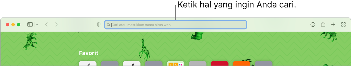Jendela Safari yang dipotong dengan keterangan ke bidang pencarian di bagian atas jendela.